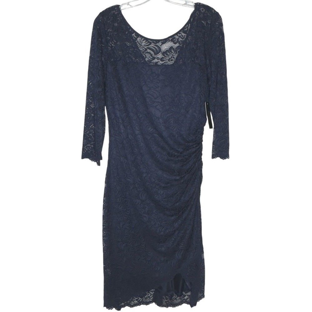 Laundry by Shelli Segal Lace Long Sleeve Dress Ruched Cocktail Party Blue 12 NWT
